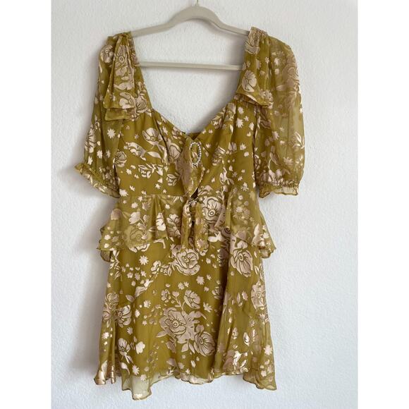 For Love & Lemons Mustard Yellow Velvet Floral Cosmo Mini Dress - Picture 5 of 16